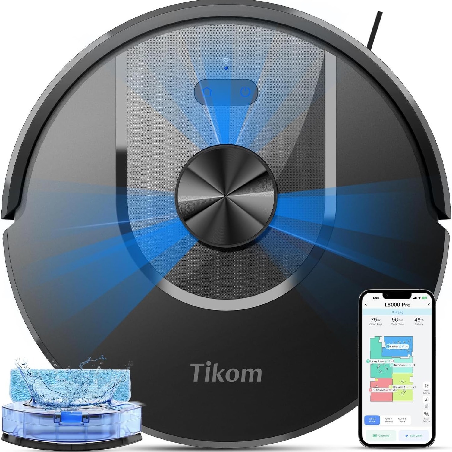 Tikom Robot Vacuum and Mop Combo, 6000Pa Automatic Robotic Vacuum Cleaner, Smart Mapping, 150 Min Max, Ideal for Pet Hair, Hardfloors, Carpets
